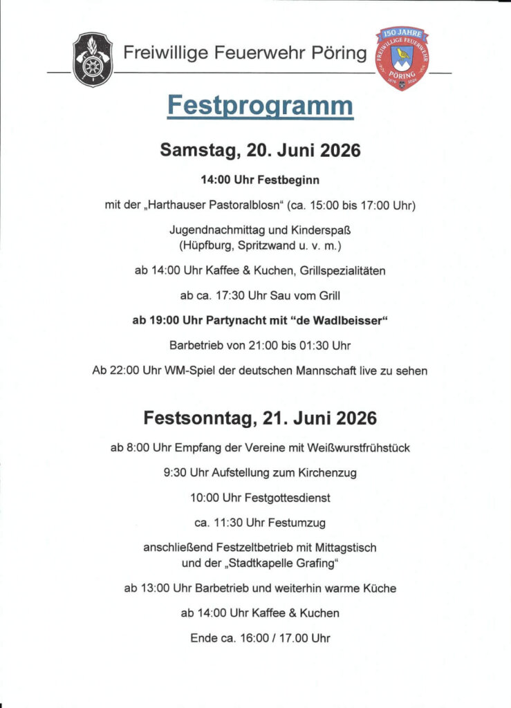 Festprogramm 150 Jahre Feuerwehr Pöring